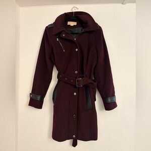 Michael Kors Wool Blend Coat Eggplant Color Women’s Size M Removable Hood Belt